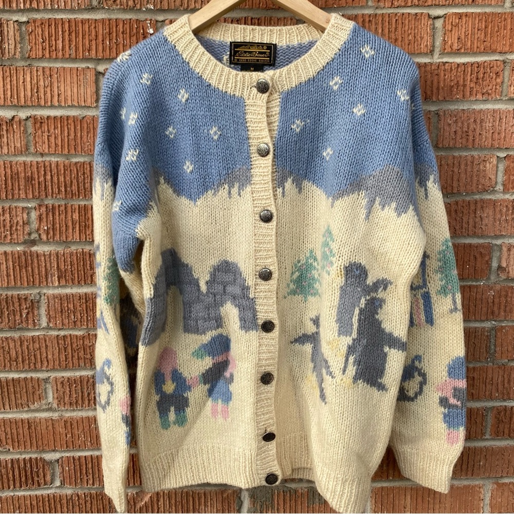 1990 Eddie Bauer Winter 100% Wool Knit Cardigan Sweater Penguins Medium Vintage